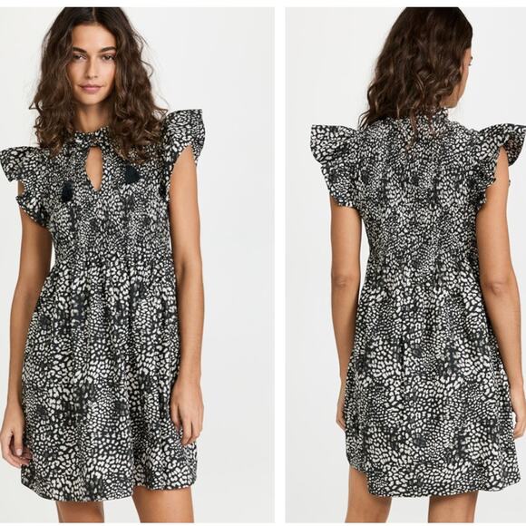 SEA NEW YORK Calla Cheetah Smocked Dress Night Black Gray {3Q35}